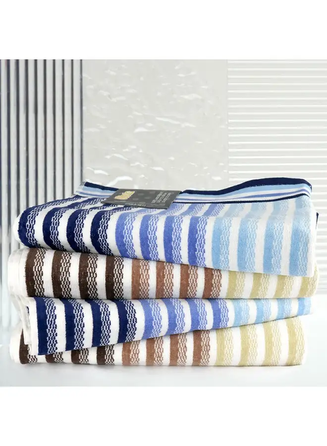 White Rose 4 Piece Bathroom Towel Set VISTA 420 GSM 100% Cotton Velour 4 Bath Towel 70x140 cm Blue & Brown Color Modern Stripe Design Luxury Touch Extra Absorbent