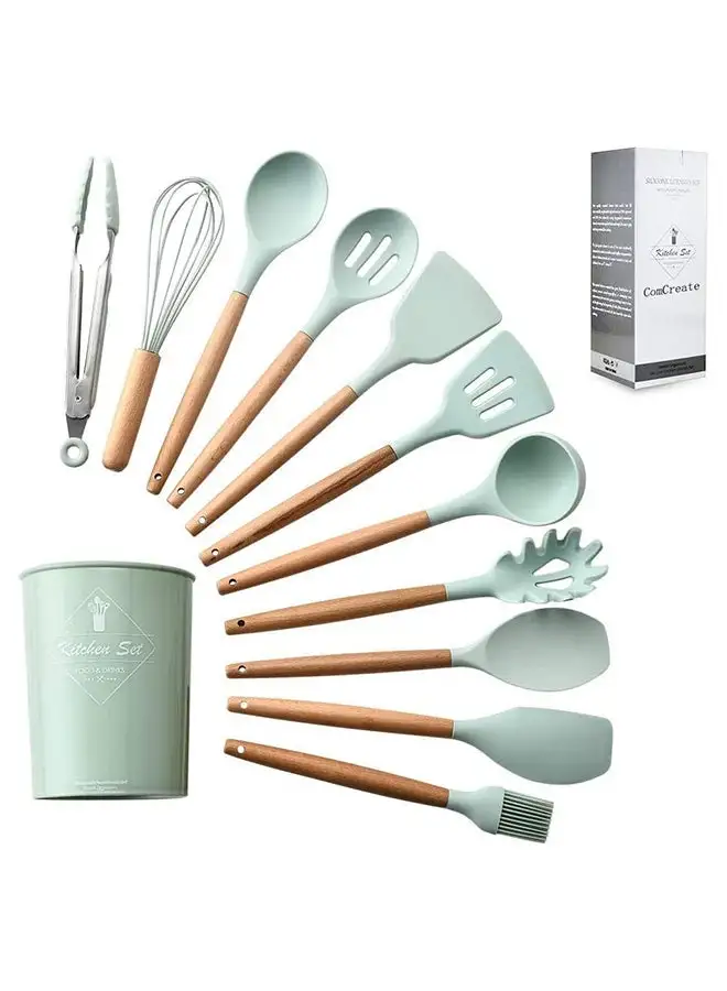 Home Silicone Cooking Kitchen 12PCS Wooden Utensils Tool for Nonstick Cookware, Set with Bamboo Wood Handles Cookware Non-Toxic Turner Tongs Spatula Spoon Green BD-AMZ-14