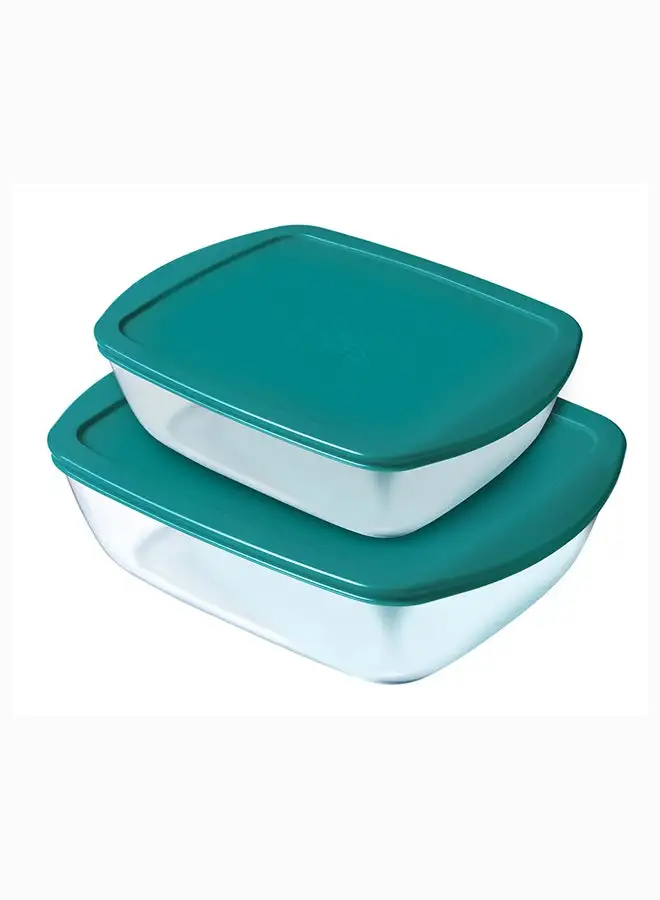 PYREX Pyrex Cook&Store Set of 2 Rectangle With Green Lid 1.2L+2.5L Transparent 28 x 20 x 9 cm 2.5L / 23 x 15 x 7 cm 1.2Lcm