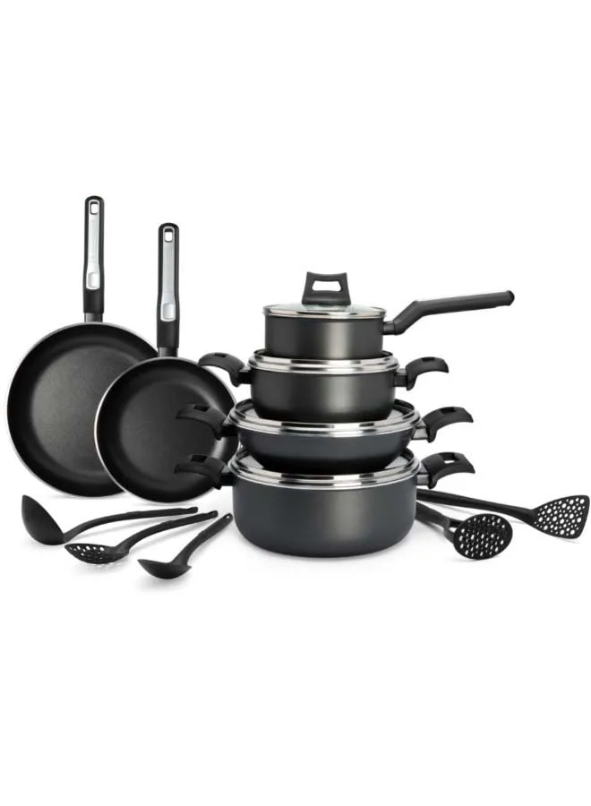 BLACK+DECKER 15-Piece Non-Stick Cookware Set (2 Fry Pans, 2 Casseroles, Saucepan, Kadai, 4 Lids & 5 Spatulas) with 5 Layer PTFE Non-Stick Spray Coating BXSGS15BME Black 7.69kg