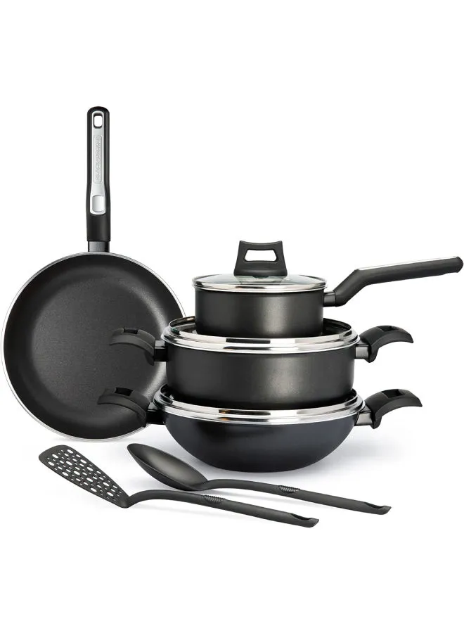 BLACK+DECKER 9-Piece Non-Stick Cookware Set (Fry Pan, Casserole, Saucepan, Kadai, 3 Lids & 2 Spatulas) with 5 Layer PTFE Non-Stick Spray Coating BXSGS09BME Black 4.7kg