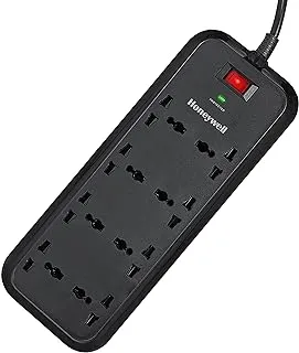 Honeywell Surge Protector, 8 Universal Sockets,2 Meter Cord, 20000Amp, Device Secure Warranty,Automatic Overload Protection,Spike Guard/Extension board,Master Switch,3Year Manufacturer Warranty-Black