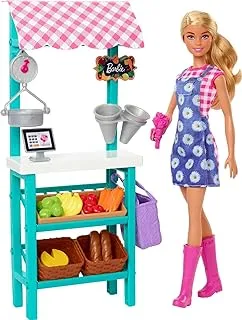 Barbie Farmers Market Playset, Barbie Doll (Blonde), Market Stand, Register, Vegetables, Bread, Flowers & More, 3 & Up