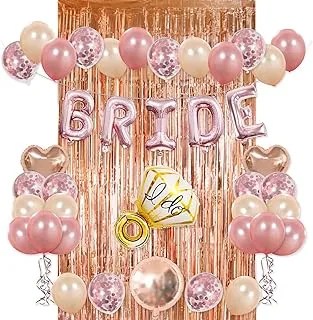 Mumoo Bear BRIDE Party Decorations Kit- Rose Gold Foil Fringe Curtain, 20 Latex Balloons, 10 Confetti Balloon, and Ring Heart Round Mylar Balloons for Bachelorette Bridal Shower Supplies