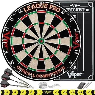 Viper League Pro Regulation Bristle Steel Tip Dartboard Starter Set with Staple-Free Bullseye, Radial Spider Wire, High-Grade Sisal with Rotating Number Ring, Chalk Cricket Scoreboard, Steel Tip Darts