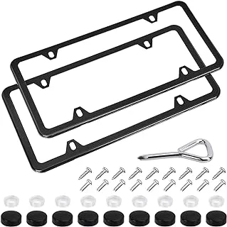 Amazon Basics Stainless Steel License Plate Frame Pair with Screw Caps - 4-Hole, 12.2″ x 6.3″, Black