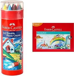 Faber-Castell Erasable Crayon Tin Set - Pack Of 12 (Assorted) + 2 Free Gold And Silver & Drawing Book A4 120Gsm 36 Sheets