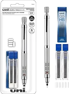 uni-ball Kuru Toga Elite 1 Count (Pack of 1) Elite Mechanical Pencil Starter Kit with Silver Barrel and 0.5mm Tip, 60 Lead Refills, and 5 Pencil Eraser Refills, HB #2