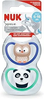 Nuk Space Orthodontic Silicone Soother (2 Pcs), 6-18 Mnths, Assorted Colours And Designs (Pink Cat & Blue Penguin, Owl Green Panda)