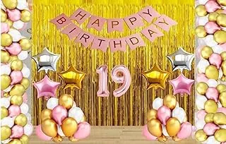 Gleam™ Happy Birthday Rose Gold Banner Set of 13 Letters + 30 HD Metallic Pink , Gold & White Balloons + 2 Gold Curtains ,2Gold , 2Silver & 2Pink Star Foil + 19 Year Rose Gold Foil Balloons Pack of 53