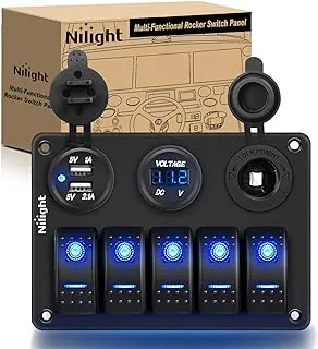 Nilight - 90118H 5 Gang Rocker Switch Panel Pre-Wired Aluminum Switch Panel with Dual USB Cigarette Lighter Socket Voltmeter12V-24V DC Switch Panel with Night Glow Stickers for Cars Rvs Trucks