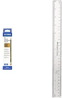 Maxi Classic Hexagonal Graphite Pencil Hb With Rubber Tip, Box Of 12, Black & Faber Castell Plastic Slim Ruler, 12-Inch Length, Clear