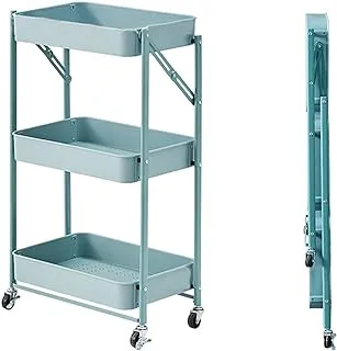 ECVV 3 Tier Utility Rolling Cart Foldable Metal Cart with Caster Wheels Rolling Multifunction Storage Unit with Locking Wheels for Bathroom Kitchen Office Balcony Living Room (Blue)