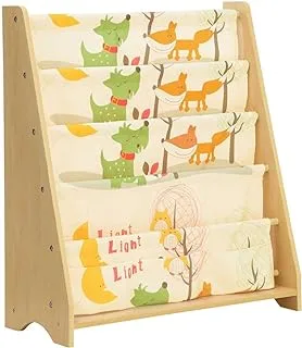 SONGMICS Children's Sling Bookcase, 4 Tier Fabric Book Shelves For School Supplies Stationery, Storage Unit and Rack,Nursery, Kindergarten, Animal Theme with Maple Finish GKR71YL,62 x 28 x72 cm