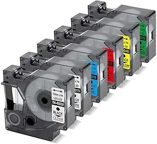 Royal Apex Combo Pack of 6 Compatible Laminated Label Refill Replacement for DYMO D1 Standard Label Tapes 45010 45013 45016 45017 45018 45019, 12mm x 7m, Refill for Label Manager LM160 280 260P 210D