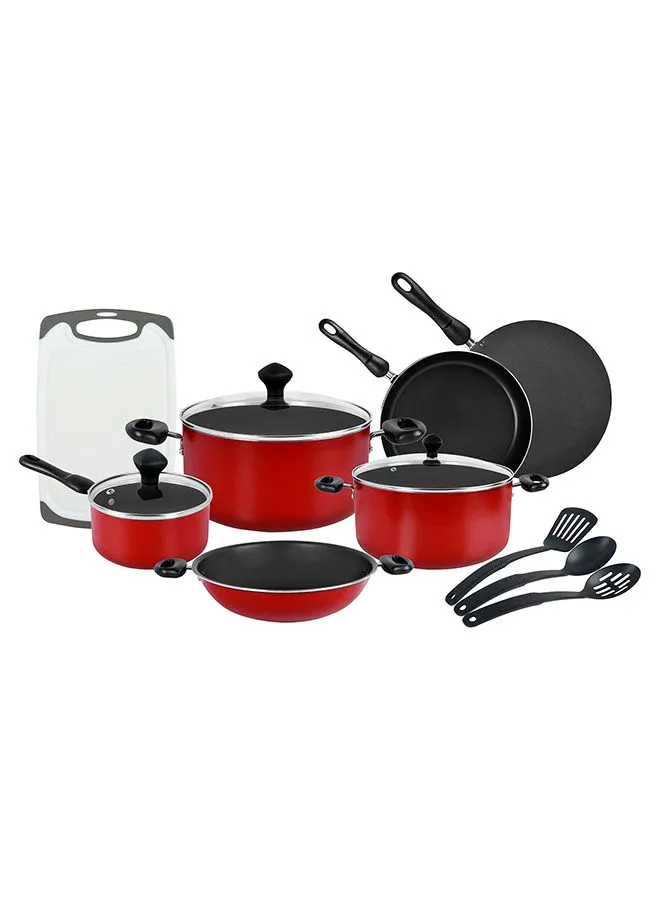 Prestige 17-Piece Classique Pro Aluminium Non Stick Interior Durable & Light Weight Cookware Set Includes 14 cm Sauce Pan, 24 cm Covered Casserole, 24 cm Covered Casserole, 30 cm Covered Stock Pot, 24 cm Open Fry Pan, 28 cm Open Fry Pan, 25 cm Concave Tawa, 3 Pieces Knife Block Set, 3 Pieces Kitchen Toolset, Chopping Board Red/Black/Silver