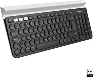 Logitech K780 Multi-Device Wireless Keyboard for Windows, Apple, Android or Chrome, Wireless 2.4GHz, Bluetooth, Smartphone and Tablet Cradle, Quiet, PC, Mac, Laptop, Arabic Layout - Dark Grey/White