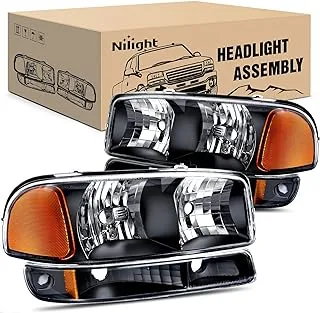 Nilight Headlight Assembly Compatible for 1999 2000 2001 2002 2003 2004 2005 2006 GMC Sierra Yukon, Black Housing Amber Corner Clear Lens, Headlights Assembly Replacement