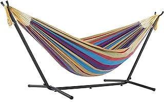 Vivere Double Cotton Hammock with Space Saving Steel Stand, Tropical (450 lb Capacity - Premium Carry Bag Included)