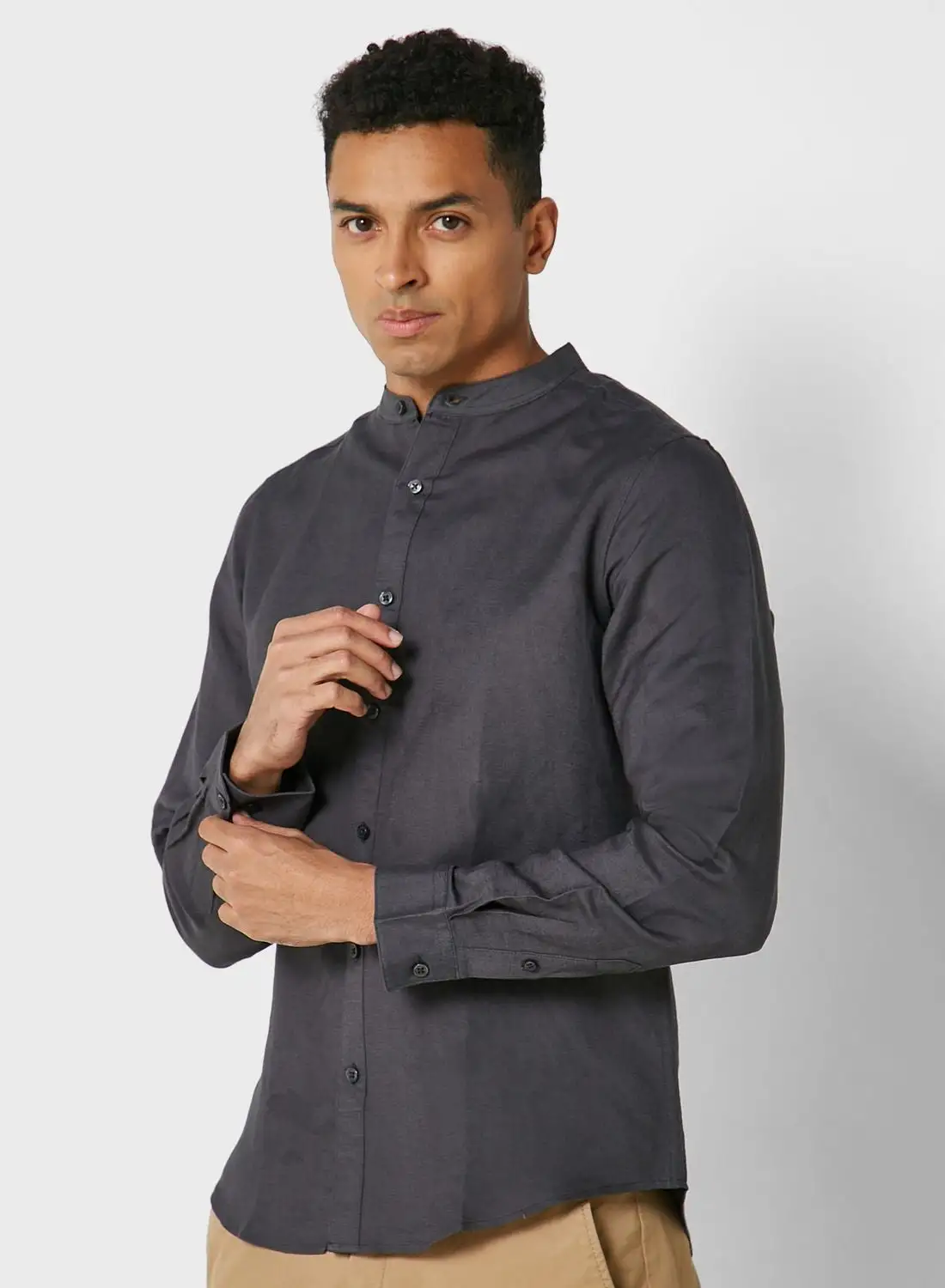 Robert Wood Grandad Collar Linen Shirt