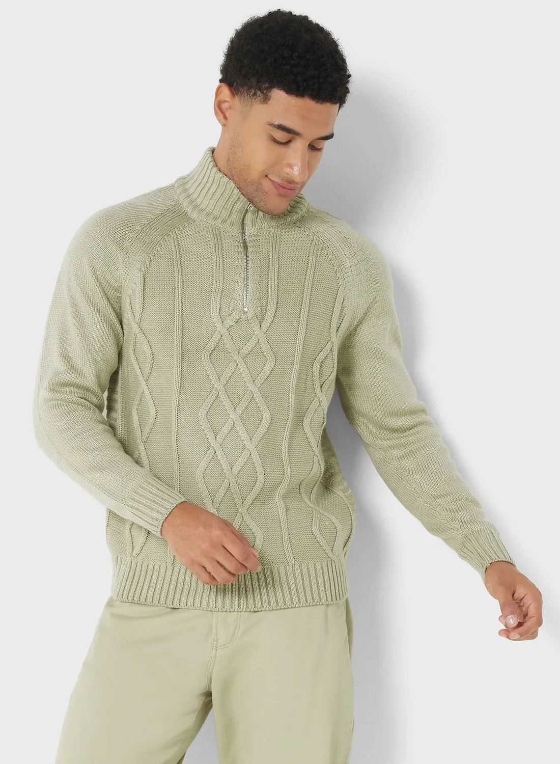 Robert Wood Cable Knit Zip Neck Sweater