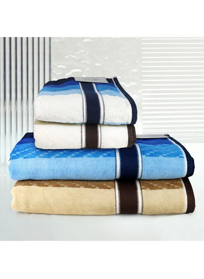 White Rose 4 Piece Bathroom Towel Set ZICZAC 500 GSM 100% Cotton Velour 2 Bath Towel 70X140 cm & 2 Hand Towel 50x90 cm Blue & Brown Color Modern Stripe Design Luxury Touch Extra Absorbent