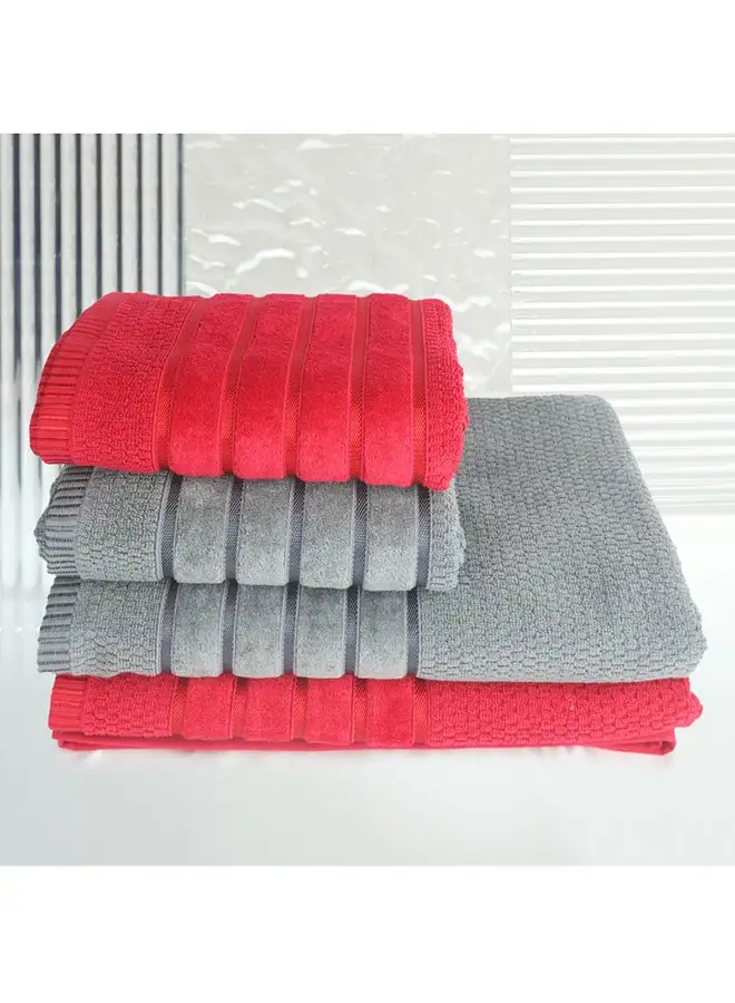 White Rose 4 Piece Bathroom Towel Set SALERINO 525 GSM 100% Cotton Terry 2 Bath Towel 70X140 cm & 2 Hand Towel 50x90 cm Red & Grey Color Soft Feel Super Absorbent