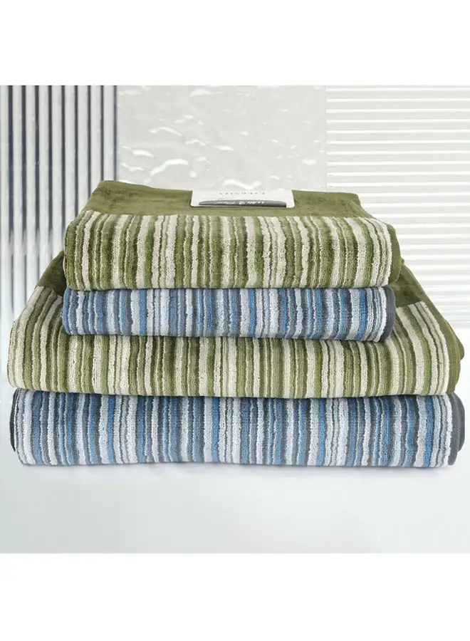 White Rose 4 Piece Bathroom Towel Set ETERNITY 500 GSM 100% Cotton Velour 2 Bath Towel 70X140 cm & 2 Hand Towel 50x90 cm Light Green & Blue Color Modern Stripe Design Luxury Touch Extra Absorbent