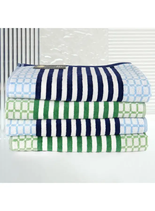 White Rose 4 Piece Bathroom Towel Set HYDRO 420 GSM 100% Cotton Velour 4 Bath Towel 70x140 cm Blue & Green Color Modern Stripe Design Luxury Touch Extra Absorbent