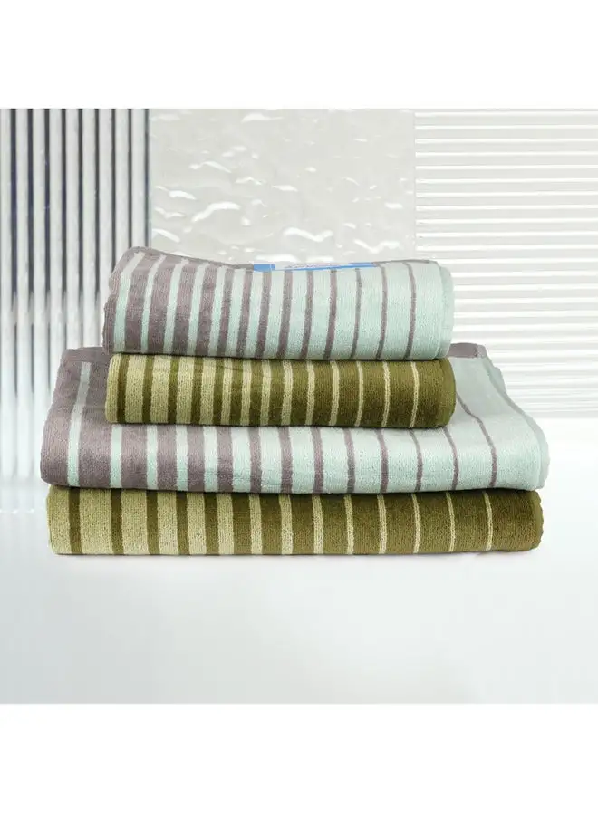 White Rose 4 Piece Bathroom Towel Set BOUNDRY 450 GSM 100% Cotton Velour 2 Bath Towel 70x140 cm & 2 Hand Towel 50x90 cm Turquoise & Green Color Modern Stripe Design Luxury Touch Extra Absorbent