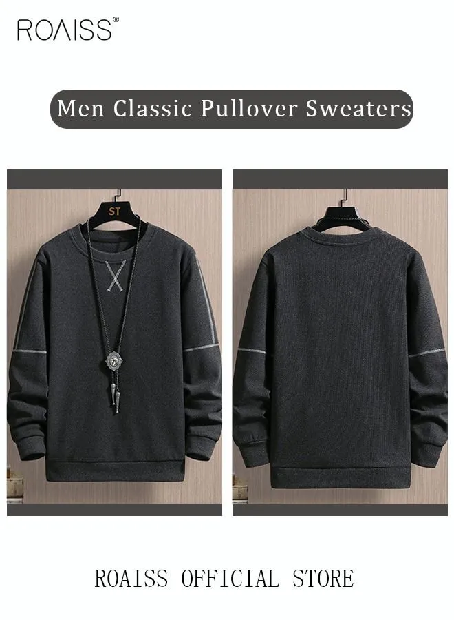 roaiss Men's Crewneck Sweater Soft Casual Sweaters for Men Classic Pullover Sweaters Basic Tops Knitted Thermal Fleece Sweatshirt Fall Winter Clothing for Men Teens Black