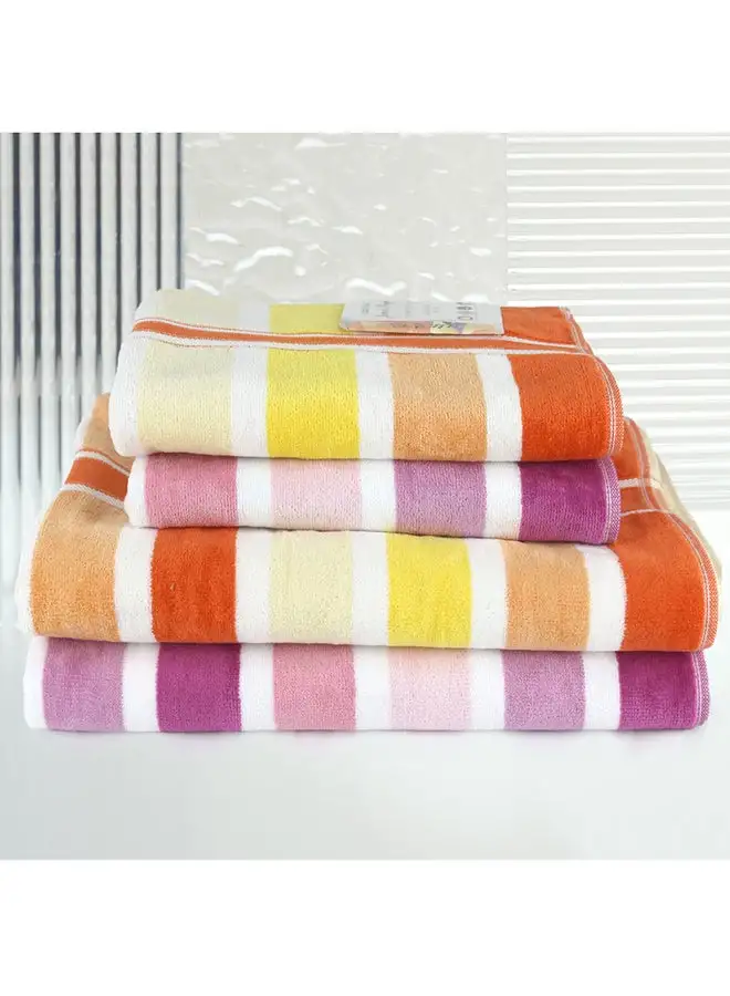 White Rose 4 Piece Bathroom Towel Set JEWELS 500 GSM 100% Cotton Velour 2 Bath Towel 70X140 cm & 2 Hand Towel 50x90 cm Purple & Orange Color Modern Stripe Design Luxury Touch Extra Absorbent