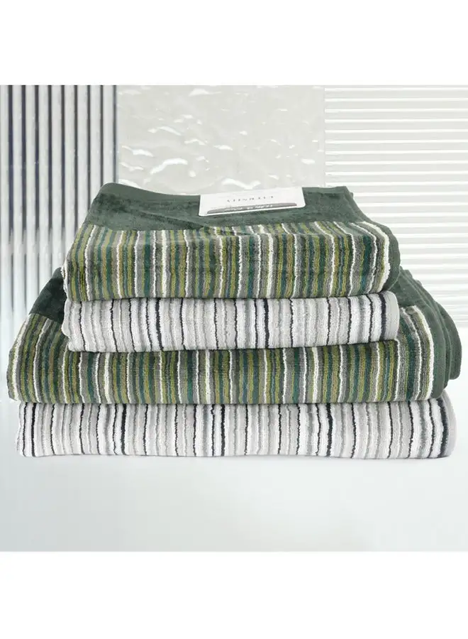 White Rose 4 Piece Bathroom Towel Set ETERNITY 500 GSM 100% Cotton Velour 2 Bath Towel 70X140 cm & 2 Hand Towel 50x90 cm Dark Green & Grey Color Modern Stripe Design Luxury Touch Extra Absorbent