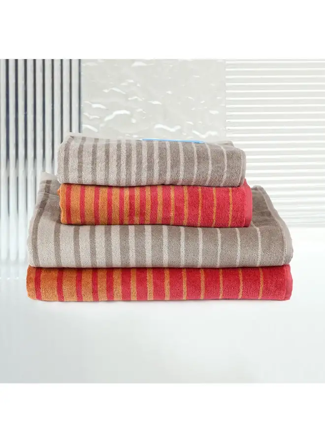 White Rose 4 Piece Bathroom Towel Set BOUNDRY 450 GSM 100% Cotton Velour 2 Bath Towel 70x140 cm & 2 Hand Towel 50x90 cm Grey & Red Color Modern Stripe Design Luxury Touch Extra Absorbent