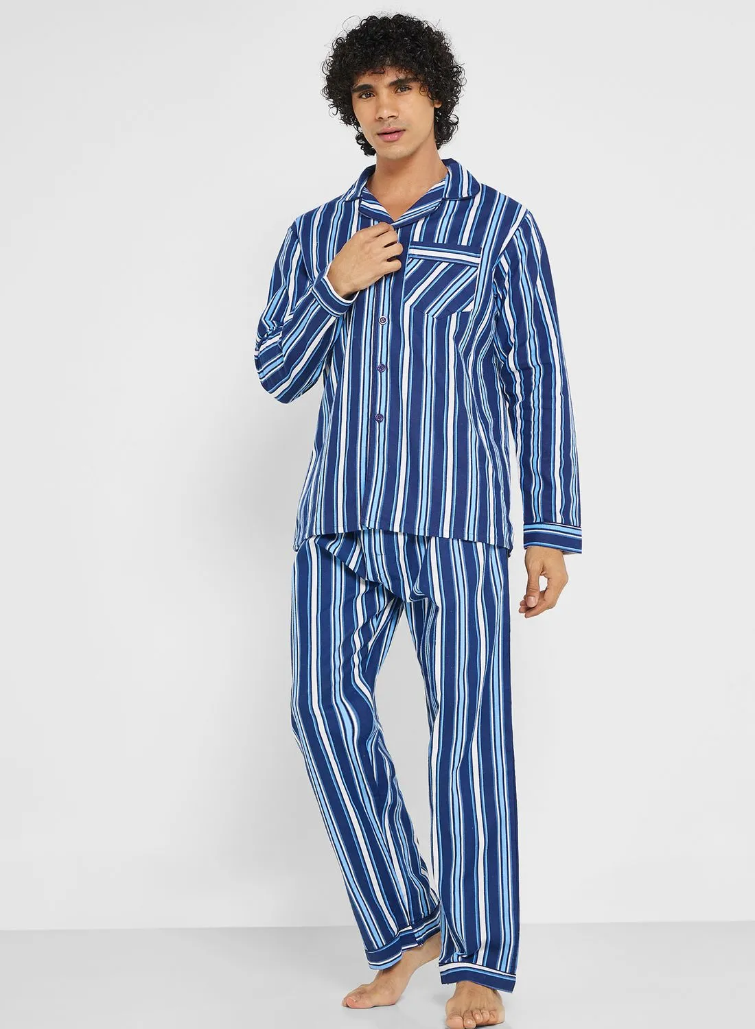 Seventy Five Men's Traditional Stripe Brushed Cotton Pyjama Set In Navy ~ (24)