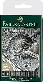 Faber-Castell Pitt Artist Pen India Ink Pen Black & Gray 8 pcs Set ، مقاوم للماء ، دائم