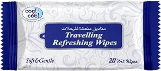Cool & Cool Travelling Refreshing Wipes - 20's - Convenient for Travel,Antibacterial Skin Wipes with Vitamin E,Aloe Vera Gel & Herb Extract,Alcohol-Free,Soft & Gentle