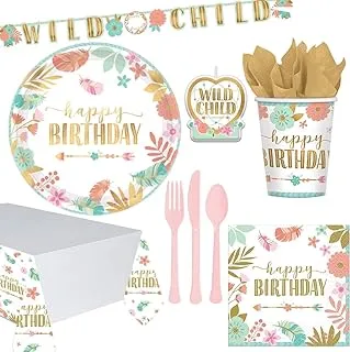 Party Centre Boho Birthday Premium Tableware Party Supplies for 8 Guests, Includes Birthday Candle and Banner