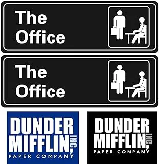 The Office Sign Stickers (4 PC/Pack), Dunder Mifflin Self Adhesive Signs for Door or Wall 9 X3, 4 X 3 Quick and Easy for Your Home Office/Business, Car, Fridge, Door, Luggage