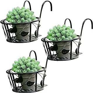 McMola 3 Pack 20cm8in Metal Railing Planter Holder, Rail Hanging Flower Stand, Balcony Deck Fence Flower Plant Pots Holder for Indoor Outdoor Use Black, average size