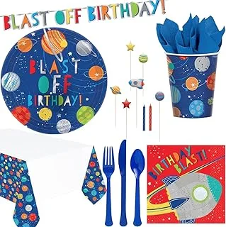 Party Centre Blast Off Premium Tableware Supplies for 8 Guests, Includes Birthday Candle and Banner Kit