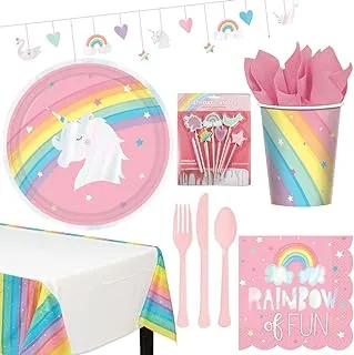 amscan Party Centre Magical Rainbow Unicorn Premium Tableware Party Supplies for 8 Guests, Includes Birthday Candle and Banner