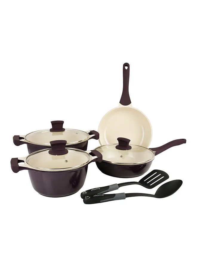 Prestige 9-Piece Ceramic Design Bakelite Handle With Soft Touch Non Slip Cookware Set Includes 2xCasseroles 26 cm, 20 cm, 1xSaute Pan 24 cm, 1xFrypan 24 cm, 2xTurner, 3xGlass Lids Purple/Beige/Black 24cm