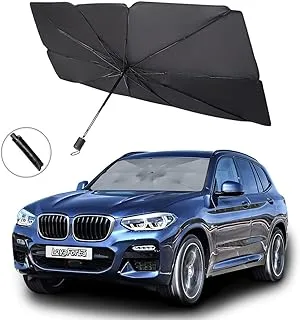 Showay car sun shade umbrella for windshield,foldable sunshades front windshield Blocks UV Rays heat 145cm79cm, Black & Silver