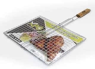 XPO Reversible Barbeque Grill with Wooden Handle, Stainless Steel | For Meat, Fish, Vegetable BBQ (40x30)