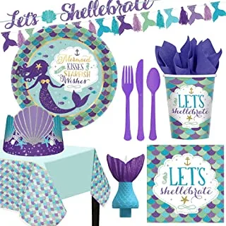 Party Centre Mermaid Wishes Premium Tableware Supplies for 8 Guests, Includes Paper Crown, Banner and Birthday Candle