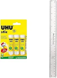 Uhu Stic, The Proven Glue Stick - Glues Strongly, Quickly And Permanently, Without Solvent, 8.2G, Set Of 3, White & Faber Castell Plastic Slim Ruler, 12-Inch Length, Clear