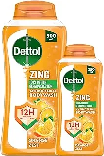 Dettol Zing Antibacterial Bodywash, 10X Better Odour Protection, 100% Better Germ Protection, Orange Zest, 250ml and 500ml (Pack of 2) (Packaging may vary)