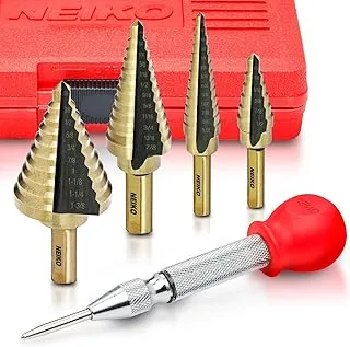 NEIKO 10169A Step Drill Bit Set and Automatic Center Punch | 5 Piece, 41 SAE Sizes Total, 1/8” – 1-3/8” Titanium High Speed Steel Unibit, Stepper Cone Two Flute Down Bits