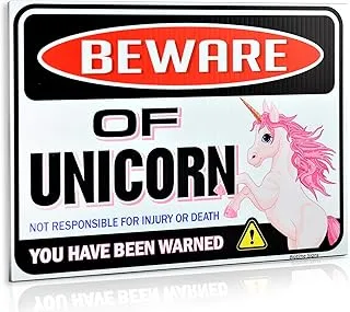 Bigtime Signs Beware of Unicorn Warning Sign - Novelty No Trespassing Plate for Playhouse, Door, Room, Office Indoor or Outdoor Decor, 4mm Corrugated Plastic Magical Creatures Fans 9x12 Inch